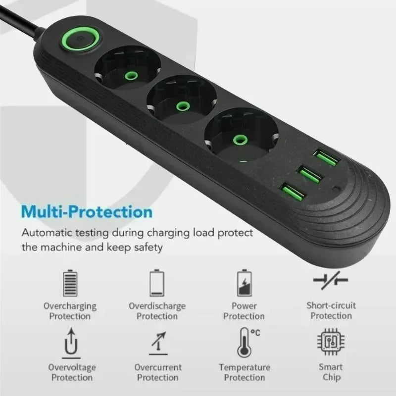 EU Power Socket 2m Cable 3USB Jack 3/4/5 Holes 2500W Power Strip AC Outlet with Extension Cord Max 2.1A Charging Adapter Socket