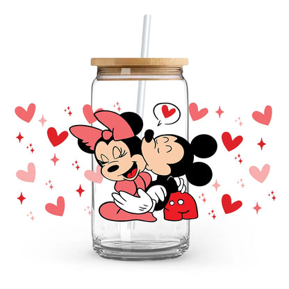 Valentine's Day cartoon Mickey Minnie Stitch Love 16oz Glass Cup UV DTF Transfer Film High-Quality Wraps Transfer Decals