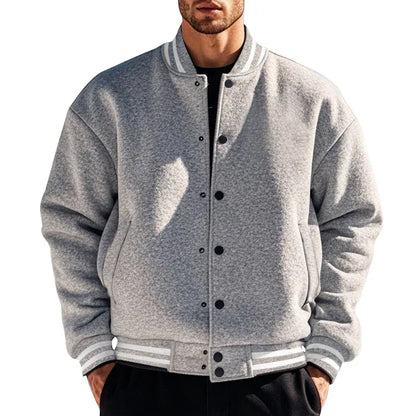 Men's Baseball Jacket with Stand-up Collar Button, Flight Jacket Monochromatic Loose, Casual, American Sports, Autumn and Winter