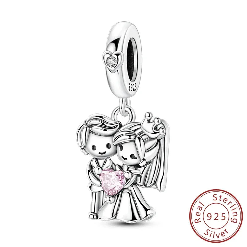 925 Silver Valentine's Day Charms Bead Sparkling Sweet Heart Rose Bear Charm Fit Original Bracelet Bangle Woman DIY Jewelry Gift