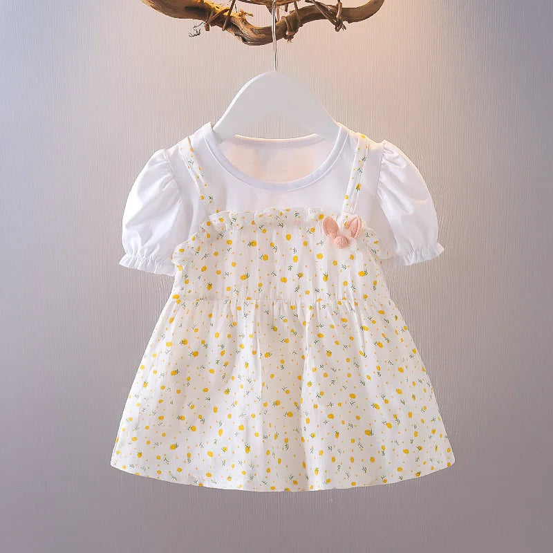 Summer New Style Baby Girls Dress Short Sleeve Flower Fake Two-Piece Shoulder Strap Dress Cute Princess Wedding Party Costume