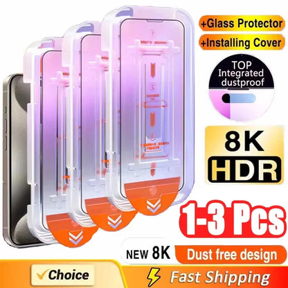 1-3Pcs Dust Free Installation HD 8K Screen Protector For iPhone 17 16 15 11 12 13 14 Pro Max Plus 7 8 Air SE Tempered Glass Film