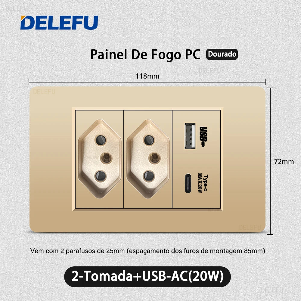 DELEFU Brazil Standard 10A 20A Gold Fireproof PC Panel Dual USB Type C Home Wall Light Switch Safe Power Socket
