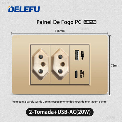DELEFU Brazil Standard 10A 20A Gold Fireproof PC Panel Dual USB Type C Home Wall Light Switch Safe Power Socket