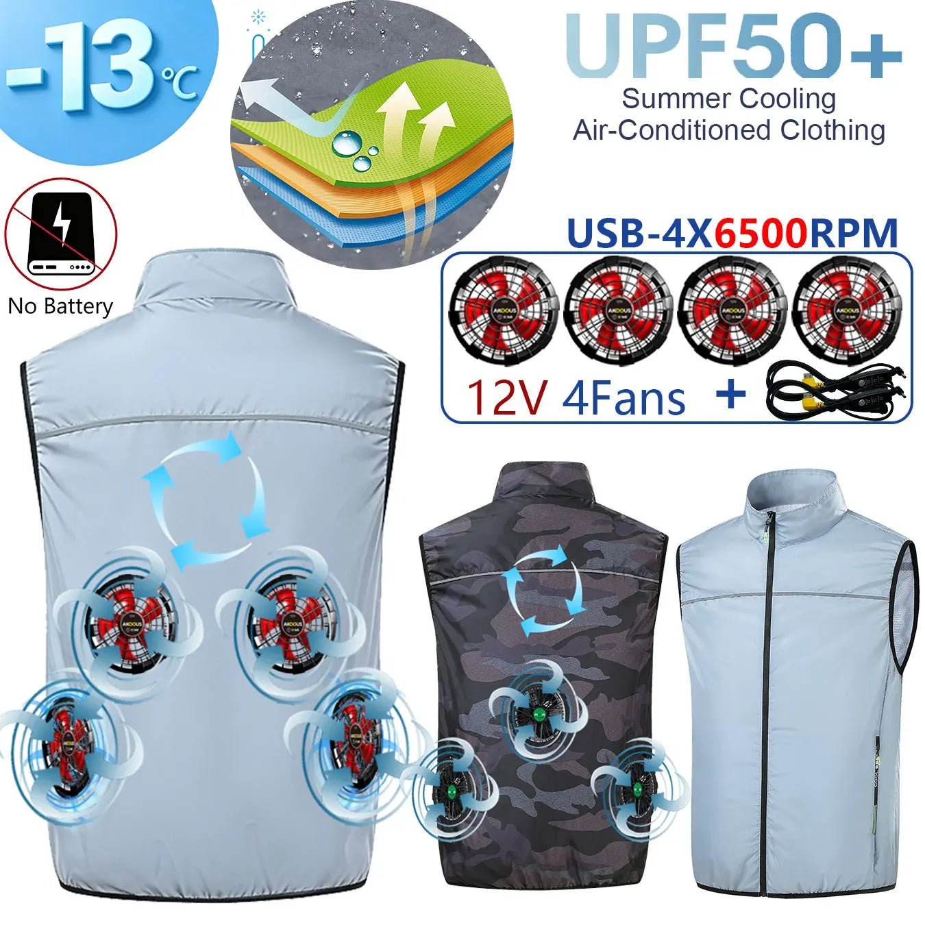 AKOOUS 12V/5V USB 4 Fans Cooling Vest Men Wearable Air Conditioned Clothes for Outdoor Work Fishing Hiking Loose Cool Vest