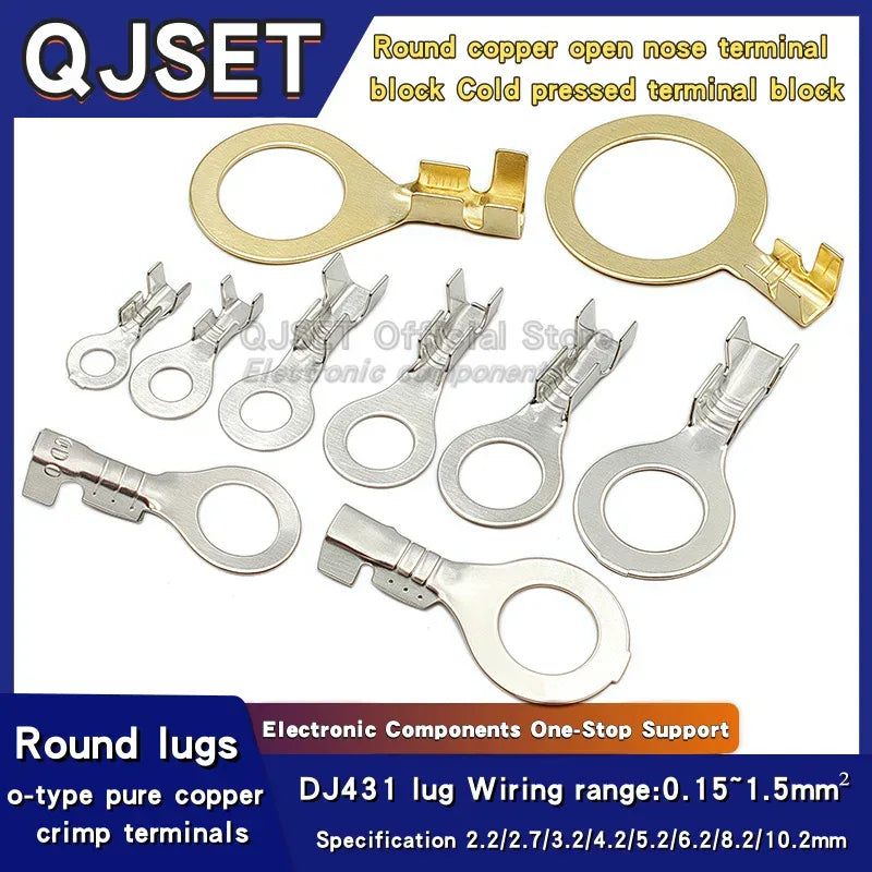 100PCS Circular Terminal Blocks DJ431 O-ring lugs Cold pressed connectors Copper lugs Terminal blocks Open ended bare ends 6.3mm