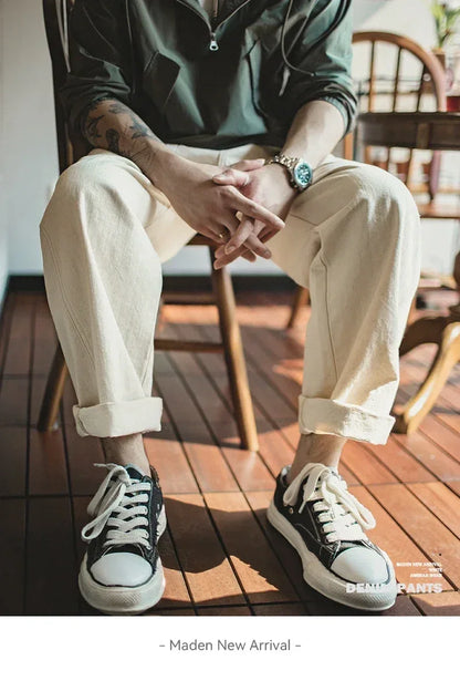 Maden Retro Cotton Seed Shell White Denim Jeans 11.2OZ Loose Straight Long Pants Cargo Pants Sweatpants Men Causal Trousers