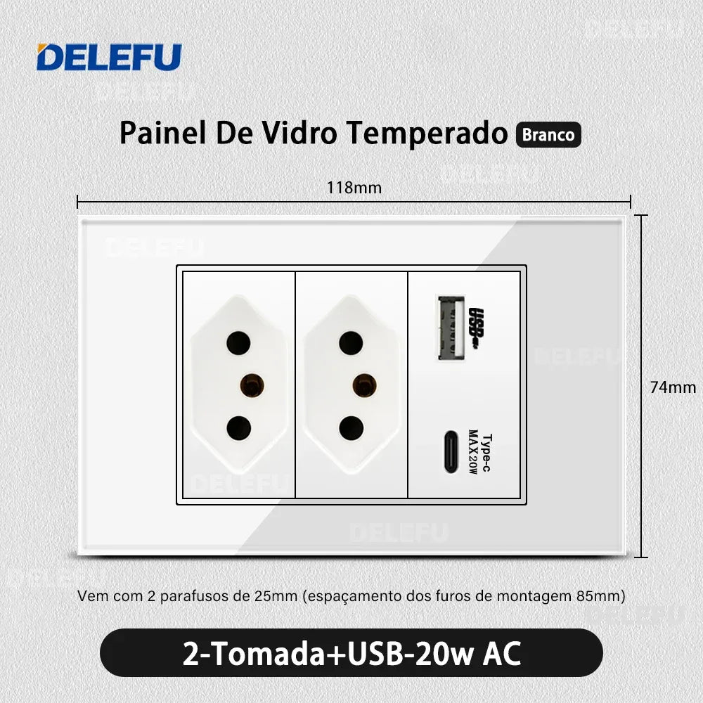 DELEFU 4*2 White Tempered Glass Brazil Standard Outlet with Double USB Type C Wall Power Socket Smart Switch Tuya Wifi 10A 20A