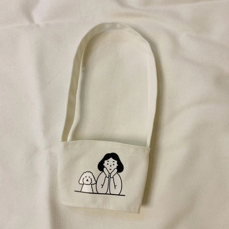 【Portable Water Bottle Holder Carry Bag Coffee Cup Storage Sleeve Cover Canvas Printing Milk Tea Set Drinking Bottle Strap】