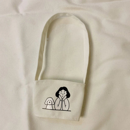 【Portable Water Bottle Holder Carry Bag Coffee Cup Storage Sleeve Cover Canvas Printing Milk Tea Set Drinking Bottle Strap】