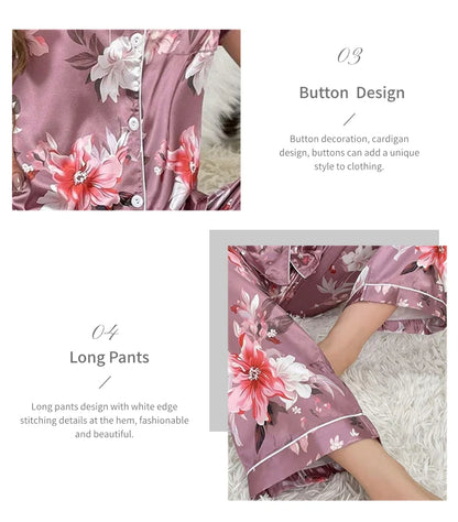 Satin Pajama for Women Flower Print Sleepwear Set Soft Comfort Home Clothes Autumn Short Sleeve Tops & Pants Pyjama Pijama Femme