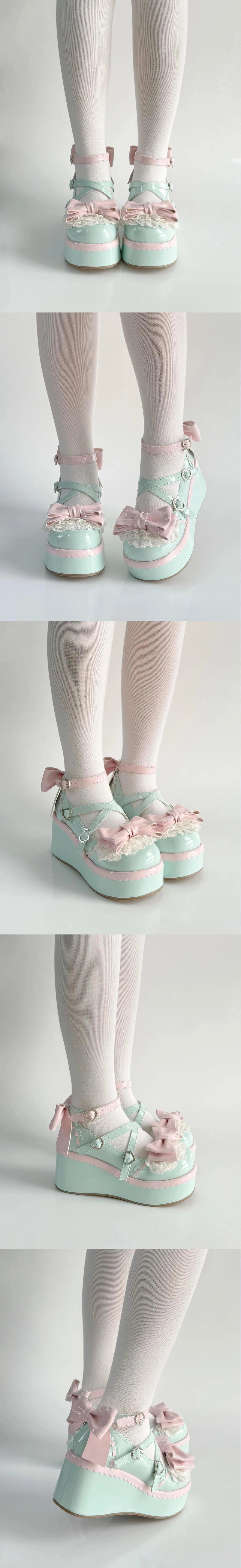 Sweet Lolita Style Girls Flat Platform ,Female Students Cute Bowknots Mary Jane Ankle Strap Elevator Shoes