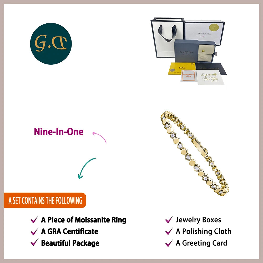 925 Sterling Silver 14K Gold Plated Moissanite Hexagon Tennis Bracelet for Women Color Sparkling Geometric Jewelry Gift