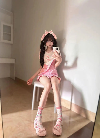 Sweet Girl Pink Overall Skirt Set Kawaii Strawberry Embroidery Ruffle Hem Cute Cartoon Print Jumper Outfit Summer Y2k Outfits
