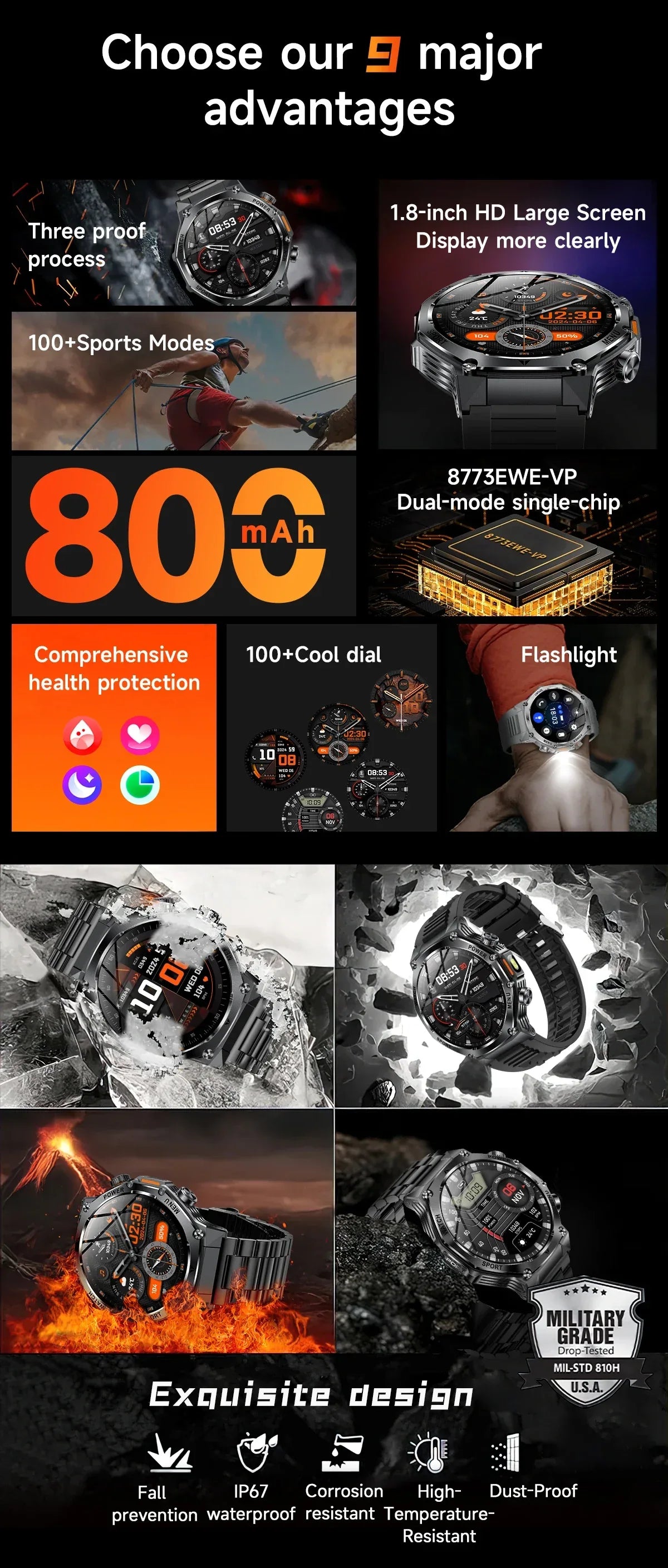2026 800mAh Super Capacity Battery Adult Men Smart Watch 1.8-inch Large Screen Bluetooth Call IP68 Waterproof SmartWatch Sports