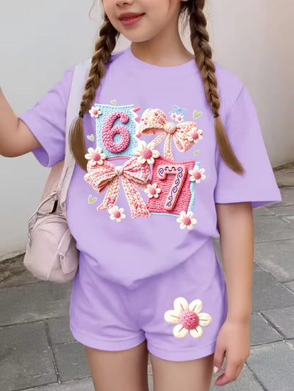 67 Six Seven Girls Clothes Cute Bows Flowers Print Girls Short Sleeve T-Shirt + Pants Set Casual Fashion Children's Clothes Tops