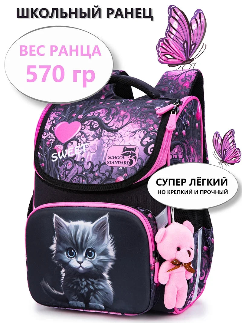 Orthopedic School Backpack For Girls Cartoon Cat Primary School Grade 1 Students Bags Kids Satchels Female Bookbag 7-9 Years