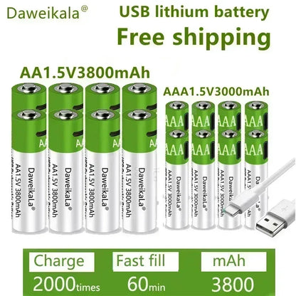 Daweikala rechargeable lithium battery, toy flashlight, MP3 player, 1.5V, AA, 3800mAh/AAA, 3000mAh