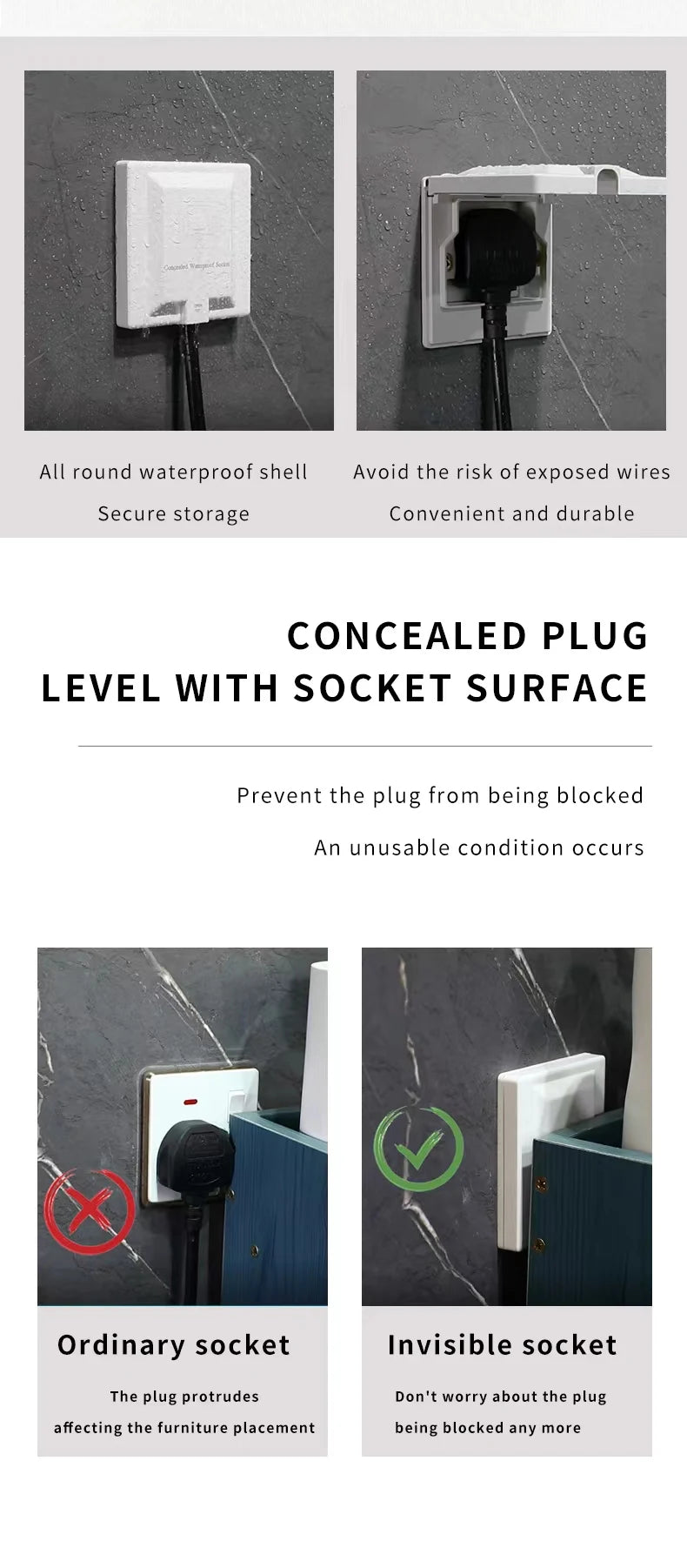 UK Plug 13A Recessed Bathroom Socket Panel with Hidden Waterproof Plug and Built-in Type 86 Kitchen Invisible 220V Socket