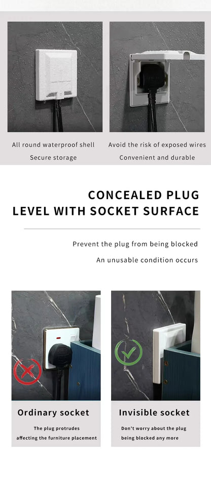 UK Plug 13A Recessed Bathroom Socket Panel with Hidden Waterproof Plug and Built-in Type 86 Kitchen Invisible 220V Socket