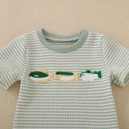 Summer neutral infant three small fish embroidered green short-sleeved T-shirt and green striped shorts two-piece set