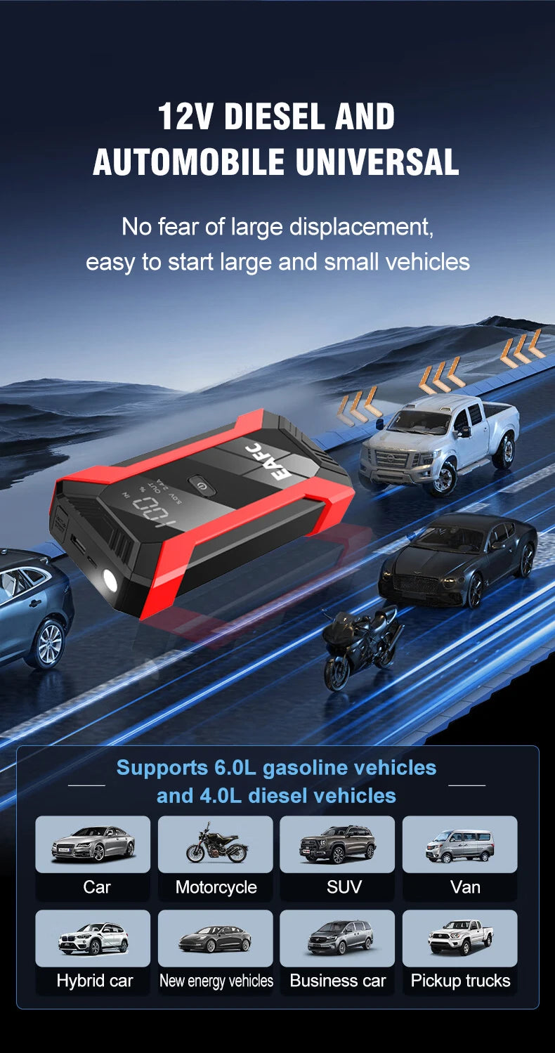 EAFC 12V  Car Jump Starter Power Bank Portable Car Battery Booster ChargerStarting Device Auto Emergency Start-up Lighting