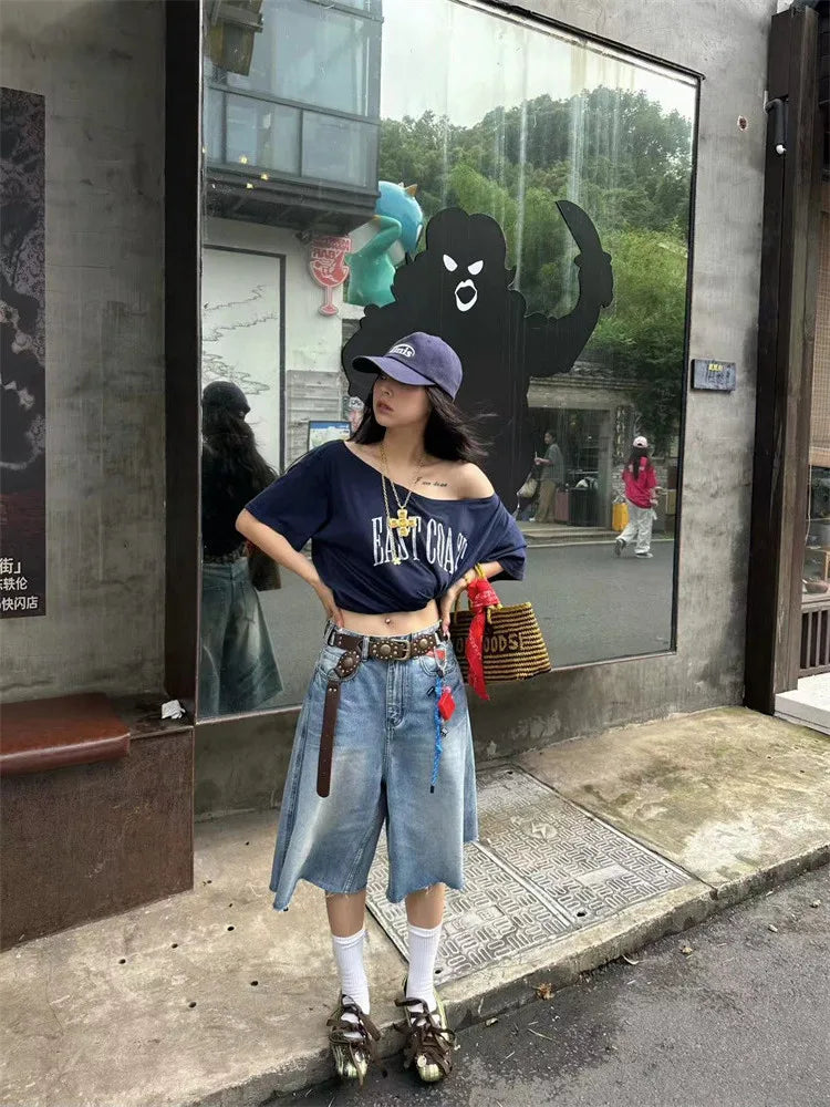 Yedinas Loose Off Shoulder Letter Graphic T Shirts Woman Clothing Short Sleeve American Retro Summer Tops Korean Style Y2k Tees