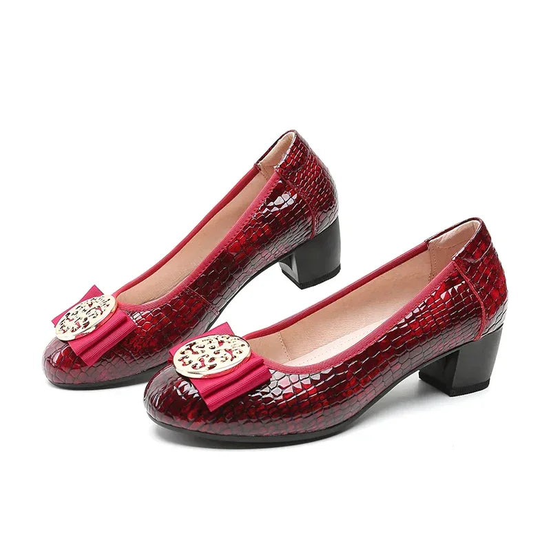 Spring and Autumn Boat Shoes Genuine Leather Soft Sole Mid-Heel Shoes Bow Heels Ladies Women Womens Round Toe Slip-on Women's 42