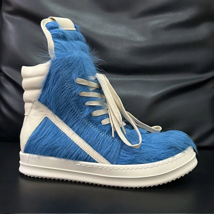 Ro Casual Shoes Men High Top Shoe Black Horse Hair Women Sneaker Black Horsehair Ankle Boot White Leather Boots Flat Sneakers