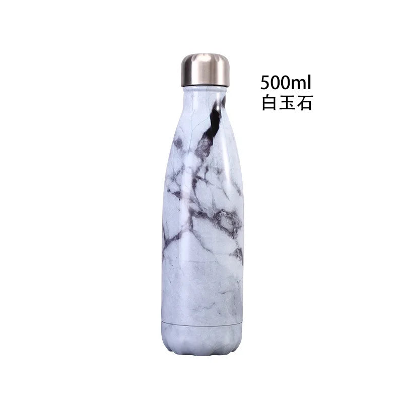 500ml Cola Shape Insulated Bottle, 304 Stainless Steel Vacuum Flask, Marble/Print Portable Water Bottle