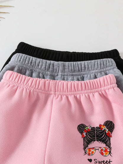Cute autumn and winter baby girl casual thickened plush long pants, 3-piece set in black, pink, and gray