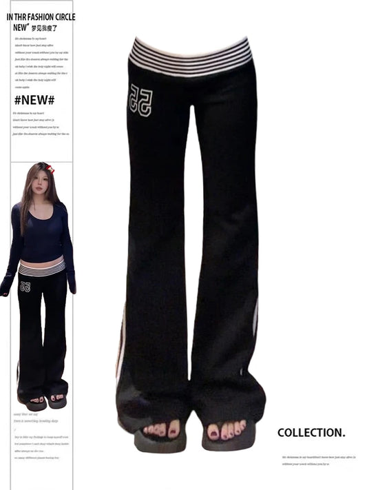 2025 Autumn Winter Women High Street American Retro Flared Pants Y2k Low Rise Long Trousers College Harajuku 2000s Bell Bottom