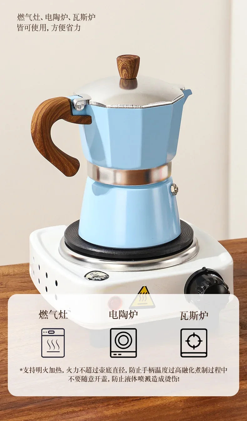 Electric Octagonal 3 Cup Black Coffee Maker Double Valve Moka Coffee Pot Espresso Aluminum Alloy Stainless Steel Moka Pot Set