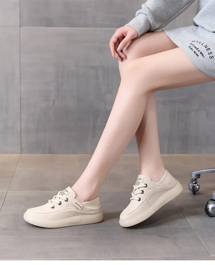 Koznoy 3.5cm Cow Genuine Leather Women Flats Fall Vulcanize Chunky Sneaker Loafer High Brand Platform Slippers Autumn Shoes