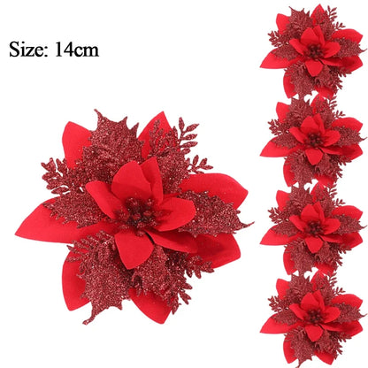 10/1Pc Christmas Glitter Artificial Flowers DIY Christmas Tree Hanging Ornaments Fake Flower For Xmas New Year Party Decor Gifts
