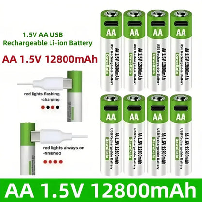 2025 New AA 1.5V USB Rechargeable Li-ion Battery 12800mAh Battery W/Type-C Cable for Toy Remote Control Mouse Electric Battery