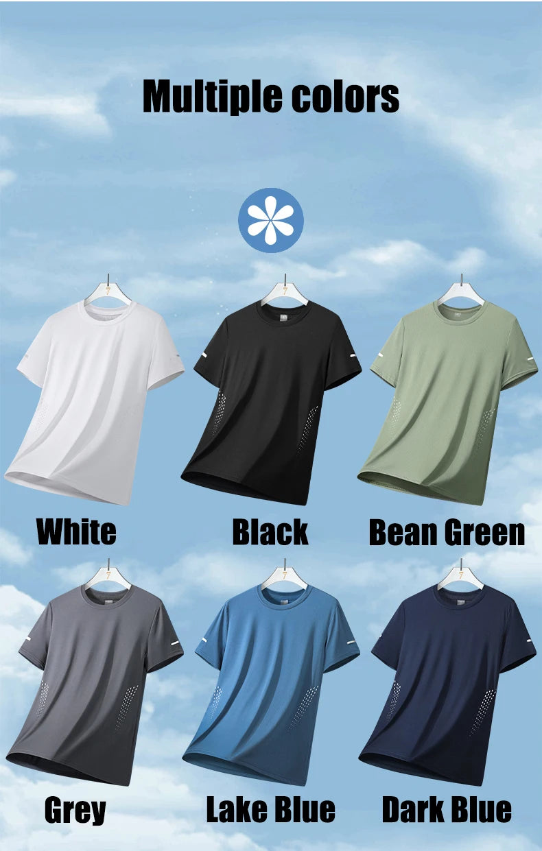 Summer Mesh Sports T-Shirt Men Quick-Drying Breathable Loose Ice Silk Short Sleeves Men Jogging Hiking Round Neck Sports T-shirt