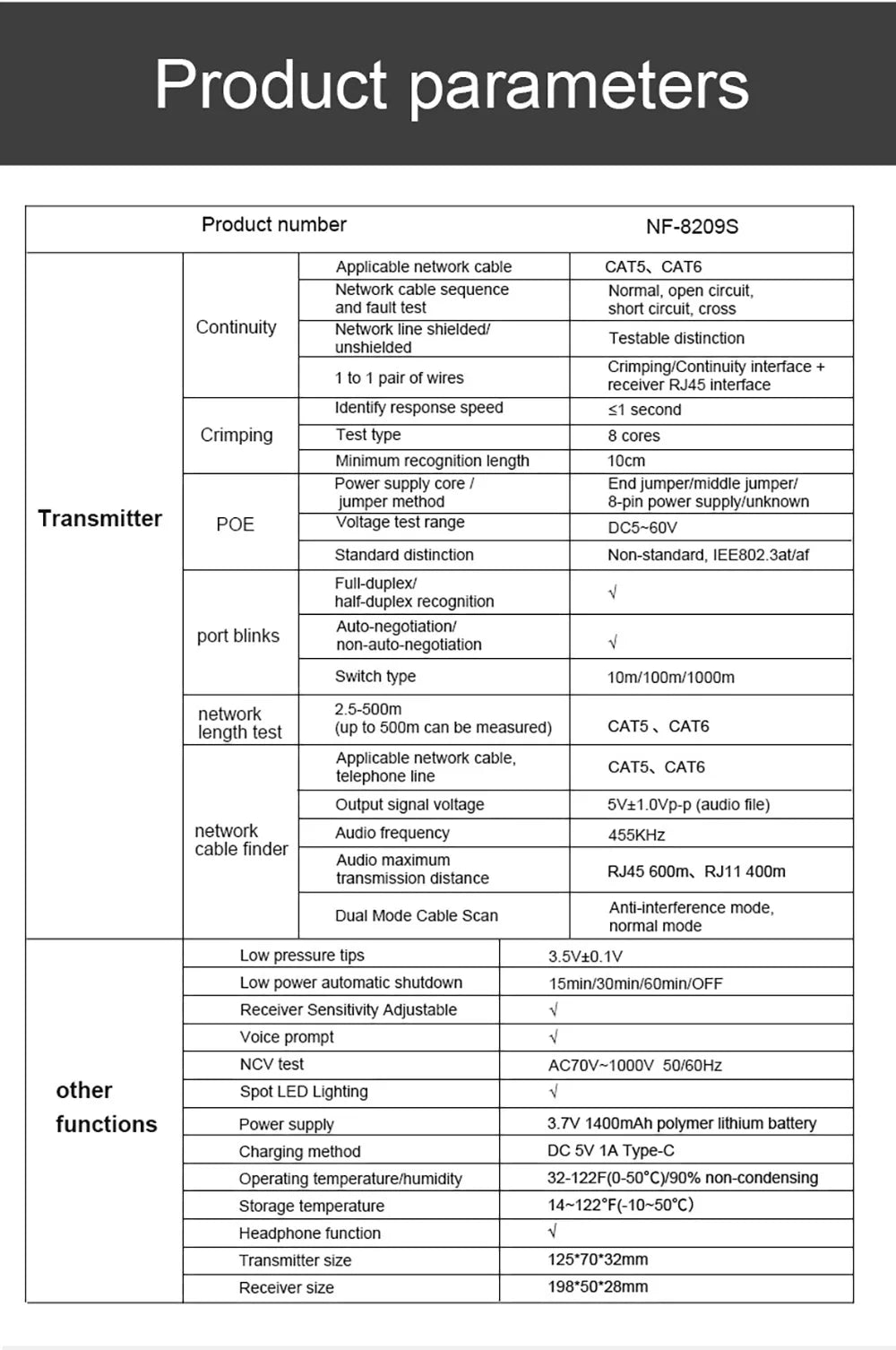 NOYAFA NF-8209S Network Cable Tester Cable Tracker Cat5 Cat6 PoE Tester Detect Length Continuity Test with NCV & Lamp