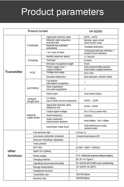 NOYAFA NF-8209S Network Cable Tester Cable Tracker Cat5 Cat6 PoE Tester Detect Length Continuity Test with NCV & Lamp