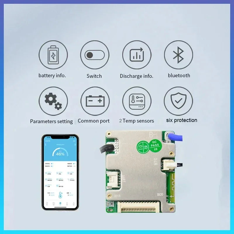 JBD Smart BMS 7S 8S 9S 10S 11S 12S 13S 14S 24V 36V 48V Built-in BT 20A 30A BMS Lifepo4 Li-ion Passive Balance Uart for E-bike