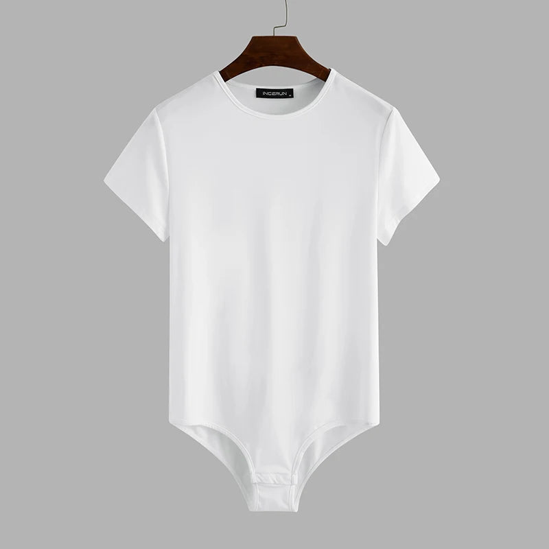 INCERUN Men Bodysuit Solid Color Pajamas Sexy 2023 Breathable Short Sleeve O-neck Rompers Underwear Fitness Men Bodysuits S-5XL