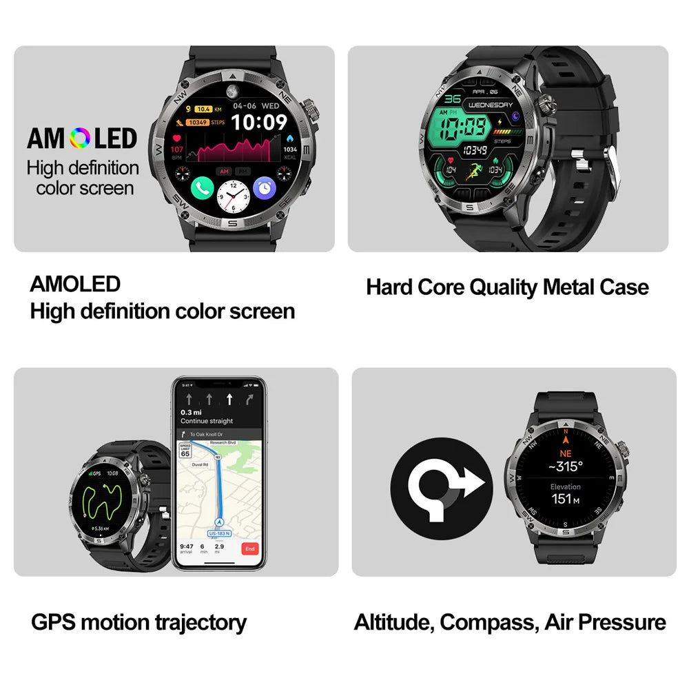 NORTH EDGE NEW GPS Smart Watch 1.43'' HD AMOLED Display Built-in GPS Altitude Barometer Compass Bluetooth Phone Call Smartwatch