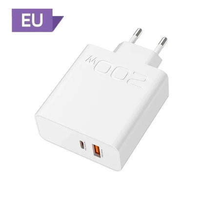 New 200W Ultra Fast Charger USB PD 2-In-1 Type C Fast GaN Phone Charger For Iphone Huawei Samsung Xiaomi Oppo  EU US Plug ﻿