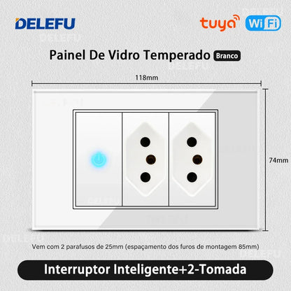 DELEFU 4*2 White Tempered Glass Brazil Standard Outlet with Double USB Type C Wall Power Socket Smart Switch Tuya Wifi 10A 20A