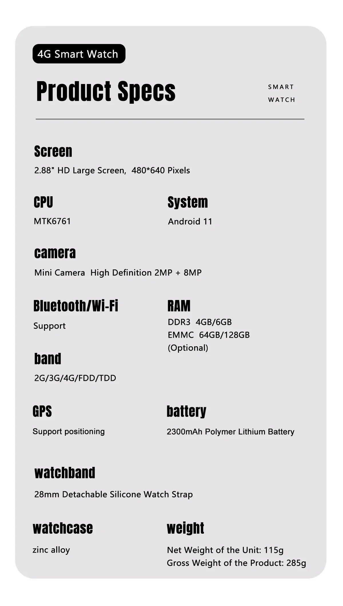 S999 4G LTE Smart Watch Android 11.0 OS 4GB RAM 64GB ROM 2.88" Big Screen 2MP/8MP Dual Camera Quad Core 2300mAh Men Smartwatch