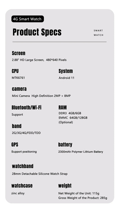 S999 4G LTE Smart Watch Android 11.0 OS 4GB RAM 64GB ROM 2.88" Big Screen 2MP/8MP Dual Camera Quad Core 2300mAh Men Smartwatch