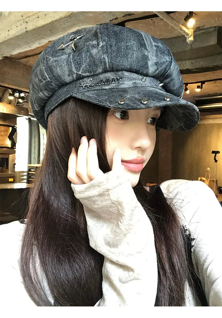 American Punk Style Rivet Star Design Octagonal Hats for Women Spring and Autumn Casual Versatile Retro Washed Denim Berets Cap