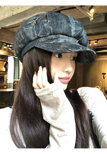 American Punk Style Rivet Star Design Octagonal Hats for Women Spring and Autumn Casual Versatile Retro Washed Denim Berets Cap