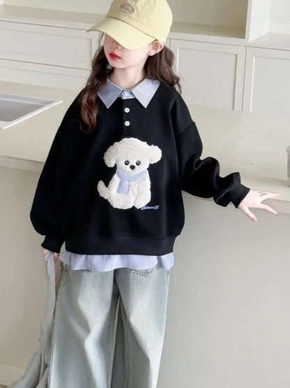 Sweatshirt Girls' 2025 New Faux Two-Piece Polo Hoodie Spring/Autumn Kids Medium-Large Loose Fit Cartoon Puppy Top