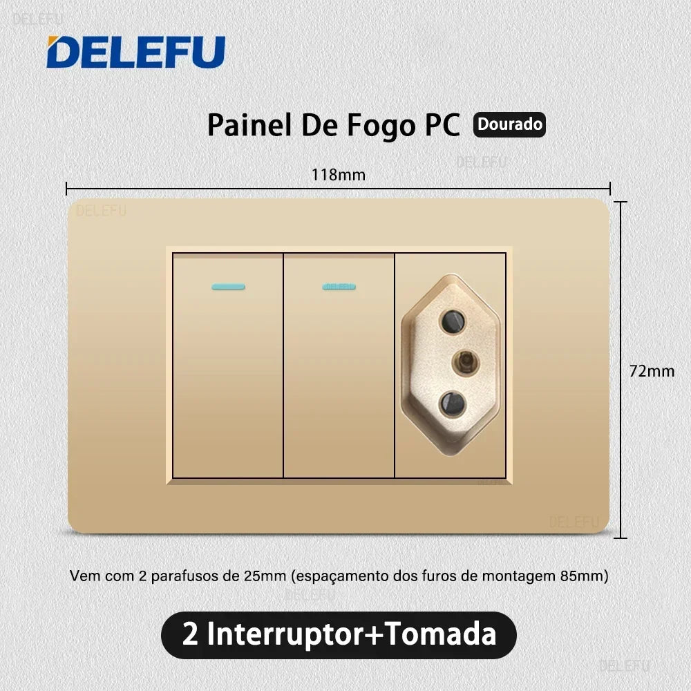 DELEFU Brazil Standard 10A 20A Gold Fireproof PC Panel Dual USB Type C Home Wall Light Switch Safe Power Socket